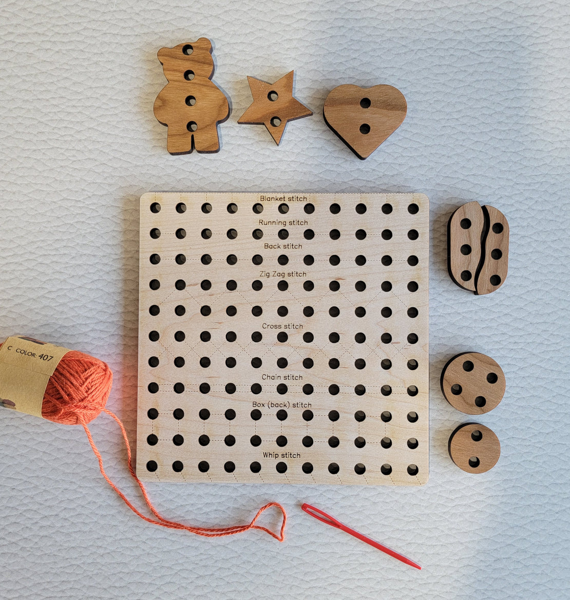 Wooden Sewing Board for Kids with engraved stitch guide – Master Fine Motor Skills and Explore Diverse Stitching Techniques