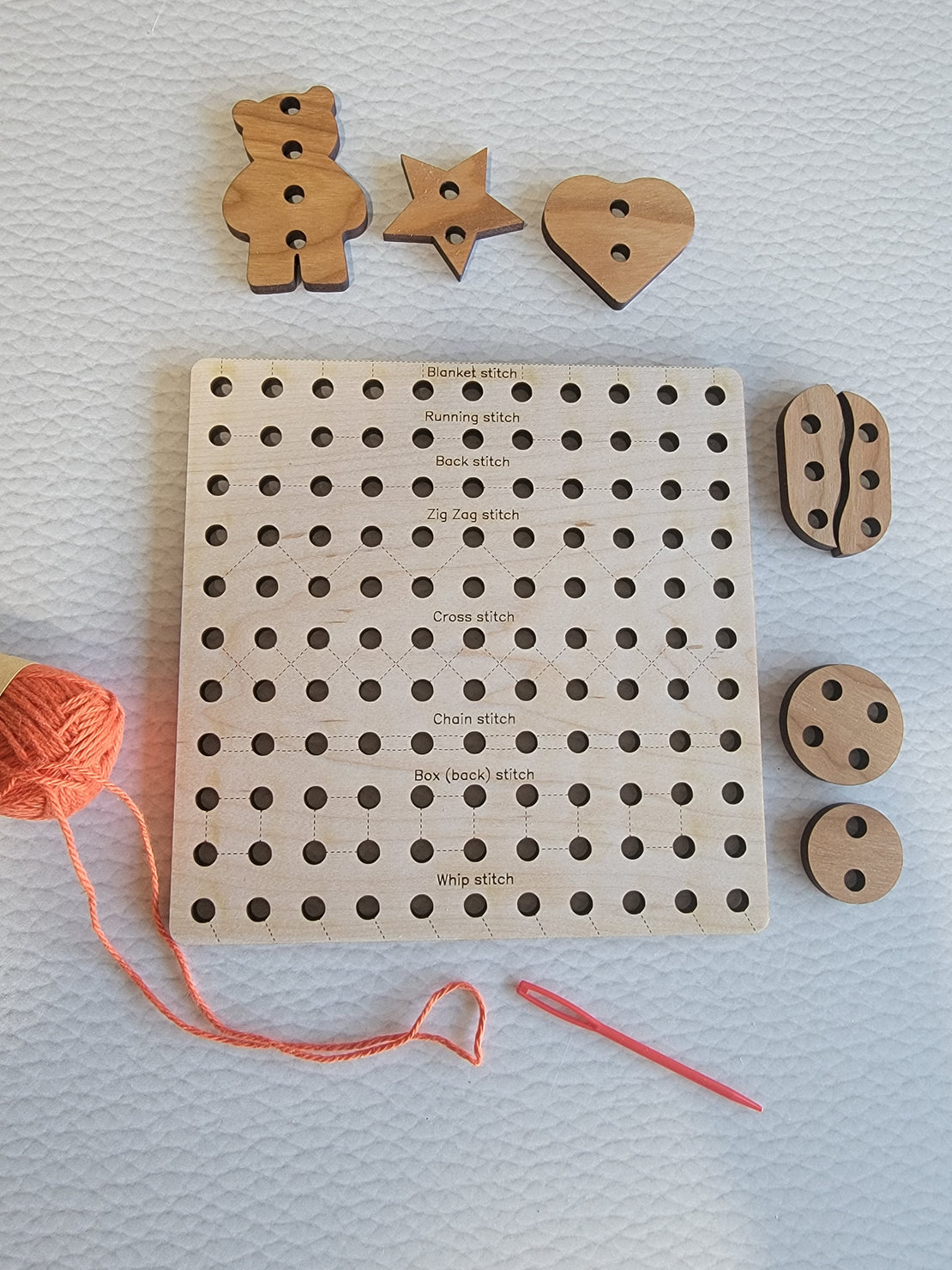Wooden Sewing Board for Kids with engraved stitch guide – Master Fine Motor Skills and Explore Diverse Stitching Techniques