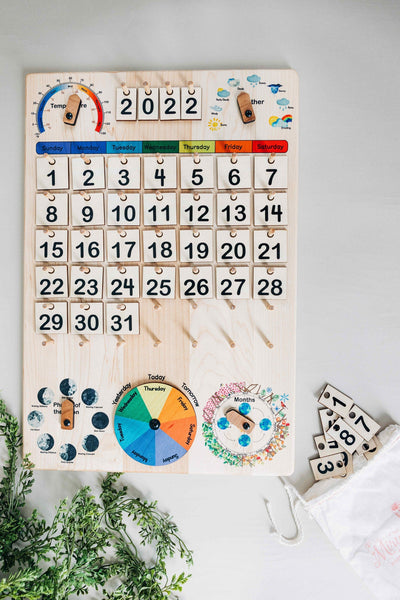 SECONDS/IMPERFECT Expanded Wooden perpetual calendar with seasons, moon phases, months, days and weather