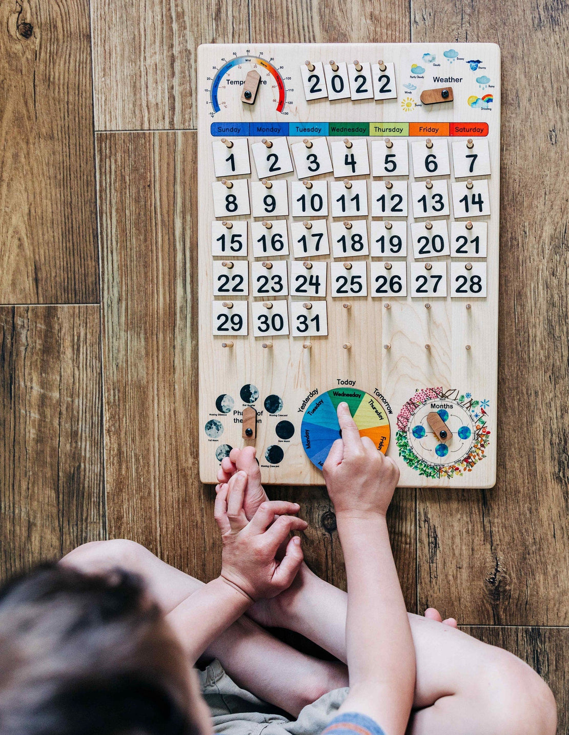 SECONDS/IMPERFECT Expanded Wooden perpetual calendar with seasons, moon phases, months, days and weather