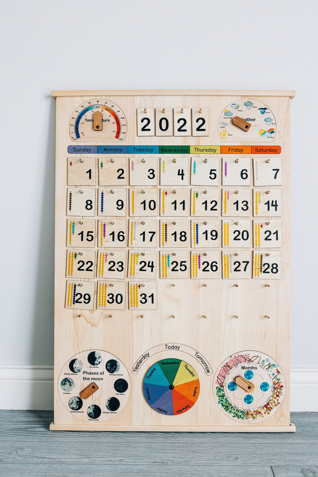 SECONDS/IMPERFECT Classroom & School size Wooden perpetual calendar with seasons, moon phases, months, days and weather