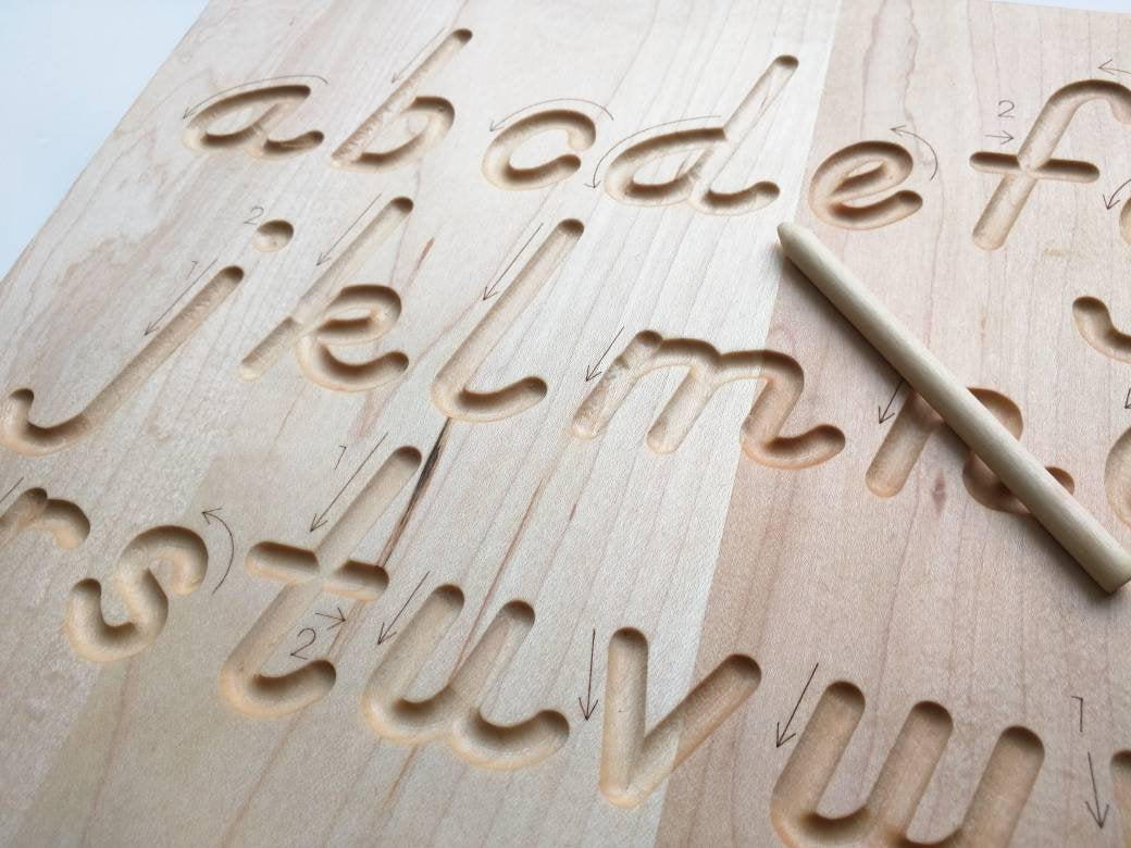 Alphabet tracing board, Natural wood, D'Nealian font alphabet tracing with guided arrows, educational toys