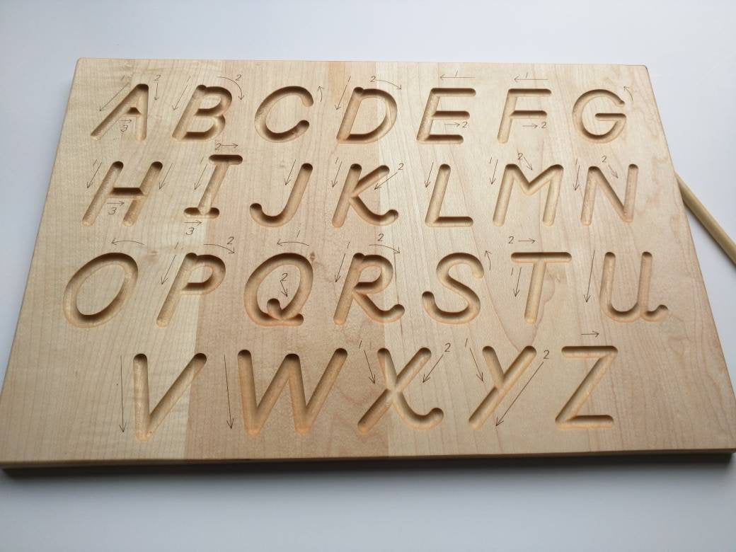 Alphabet tracing board, Natural wood, D'Nealian font alphabet tracing with guided arrows, educational toys