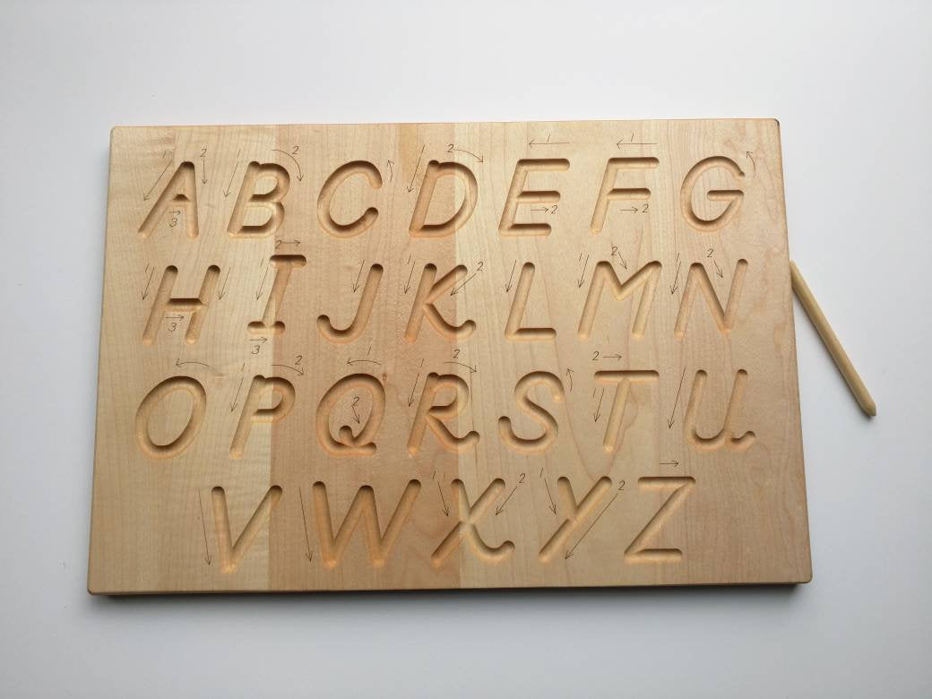 Alphabet tracing board, Natural wood, D'Nealian font alphabet tracing with guided arrows, educational toys