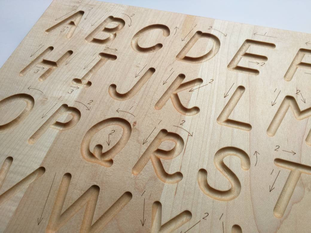 Alphabet tracing board, Natural wood, D'Nealian font alphabet tracing with guided arrows, educational toys