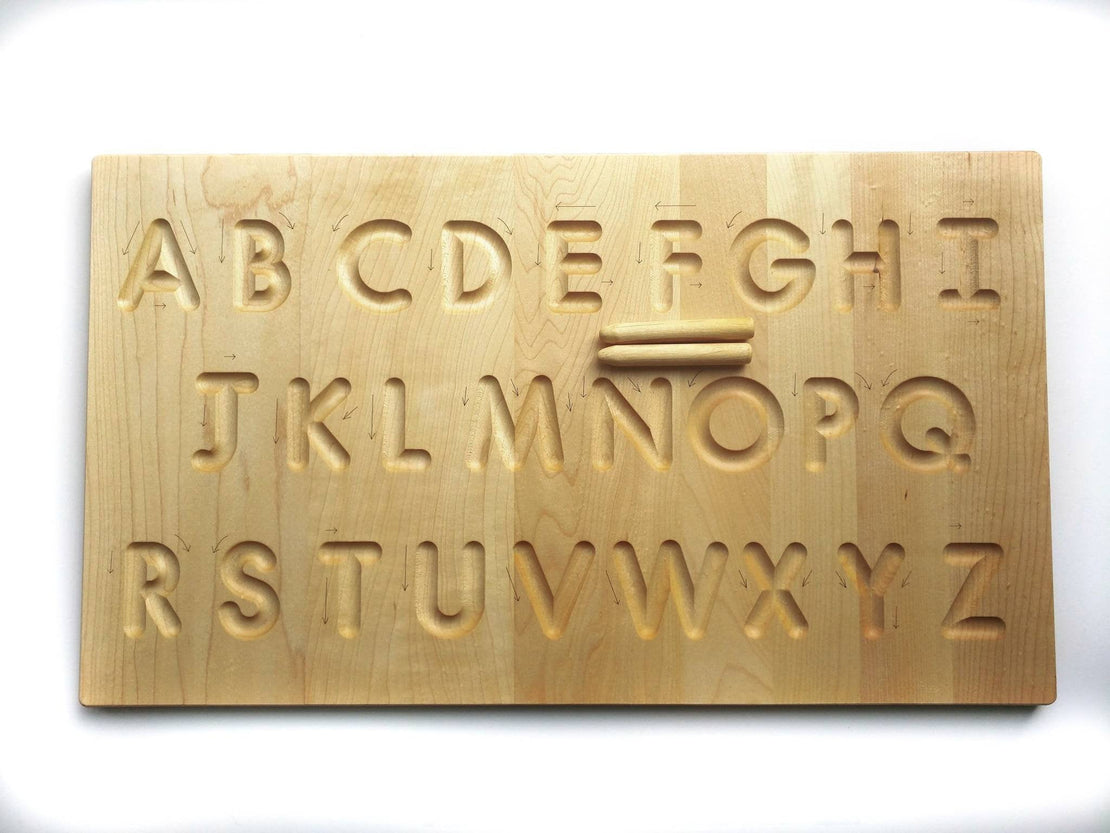 Alphabet tracing board with guided arrows, Regular print font, all natural wood, educational toys