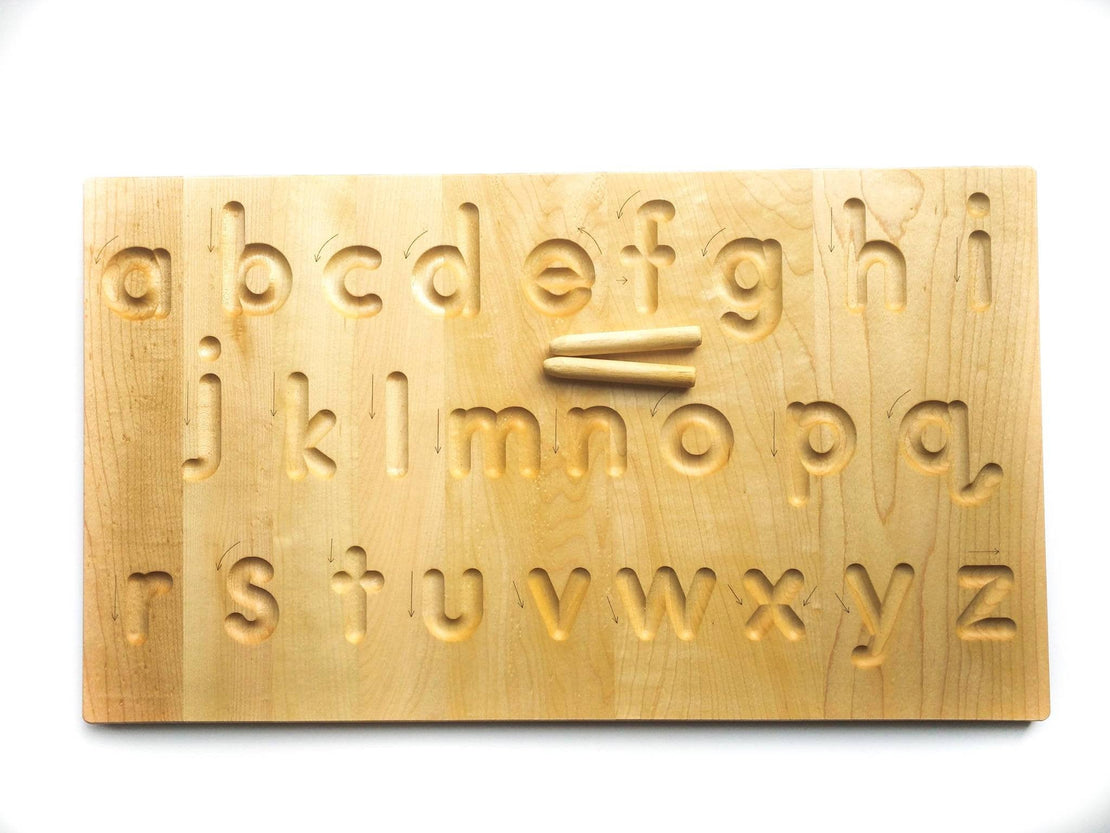 Alphabet tracing board with guided arrows, Regular print font, all natural wood, educational toys