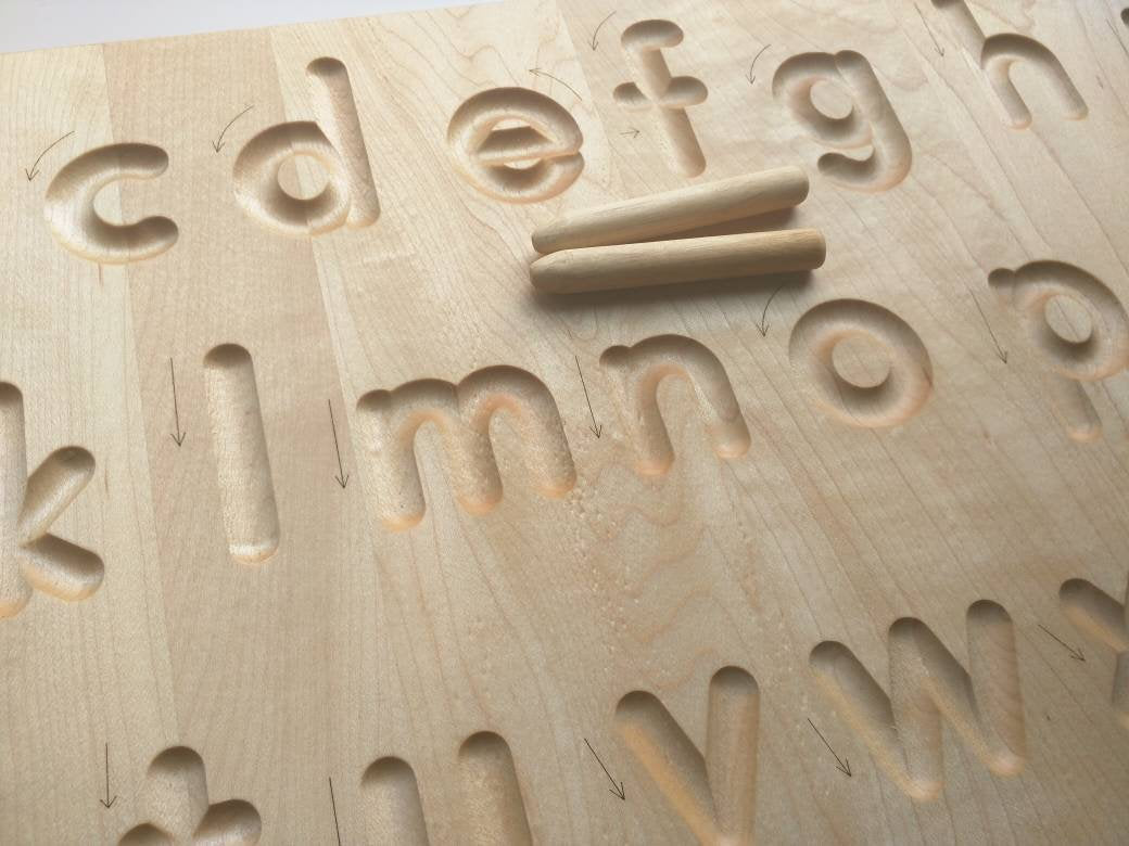 Alphabet tracing board with guided arrows, Regular print font, all natural wood, educational toys