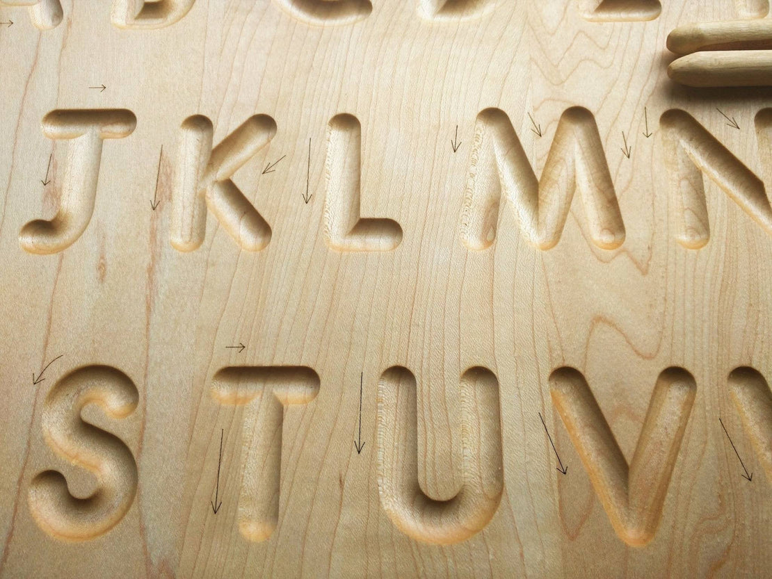 Alphabet tracing board with guided arrows, Regular print font, all natural wood, educational toys