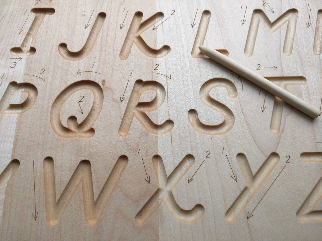 Alphabet tracing board, Natural wood, D'Nealian font alphabet tracing with guided arrows, educational toys