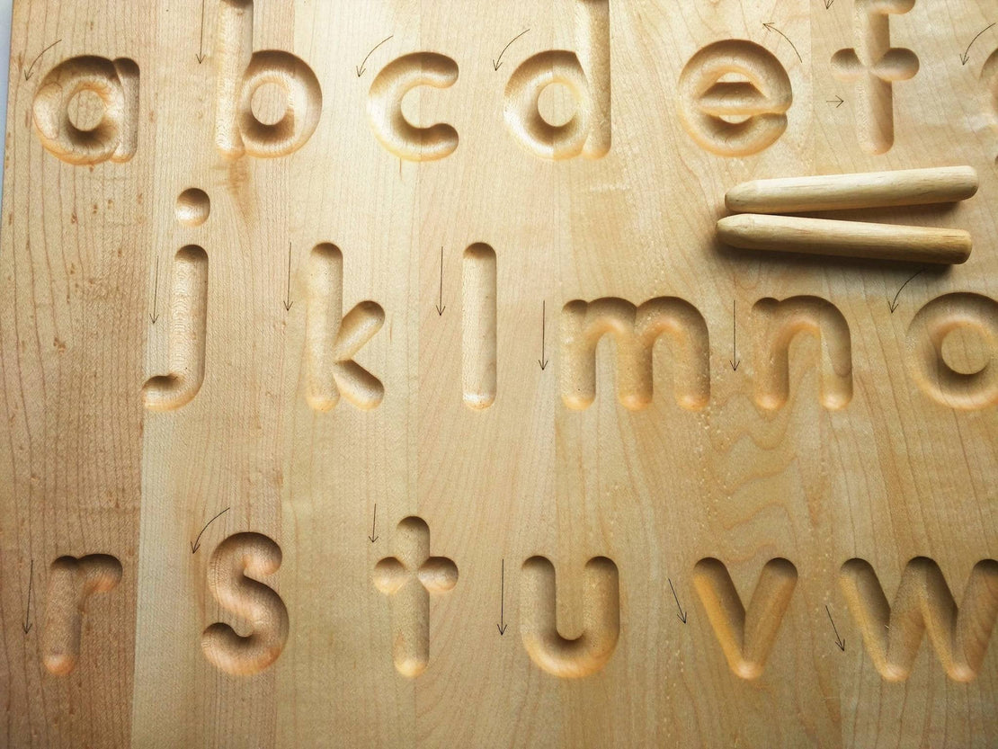 Alphabet tracing board with guided arrows, Regular print font, all natural wood, educational toys