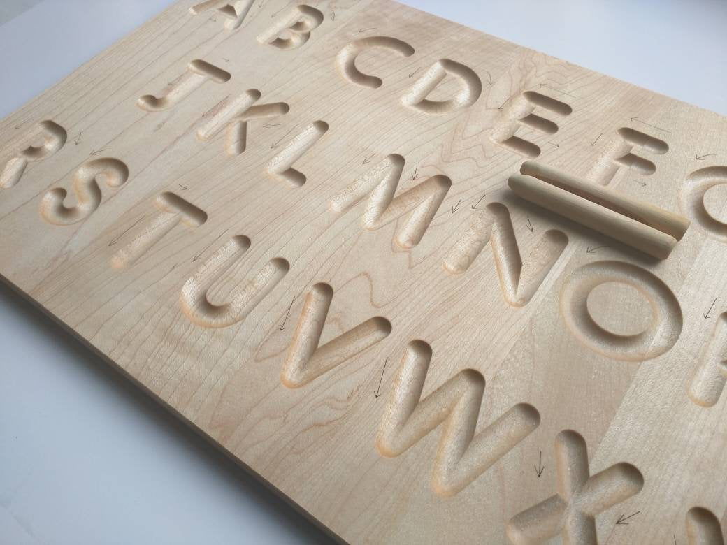 Alphabet tracing board with guided arrows, Regular print font, all natural wood, educational toys