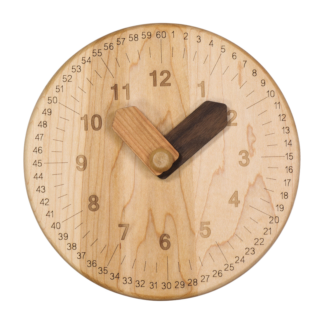 Wooden toy clock with minute and hour in different shades for easy learning