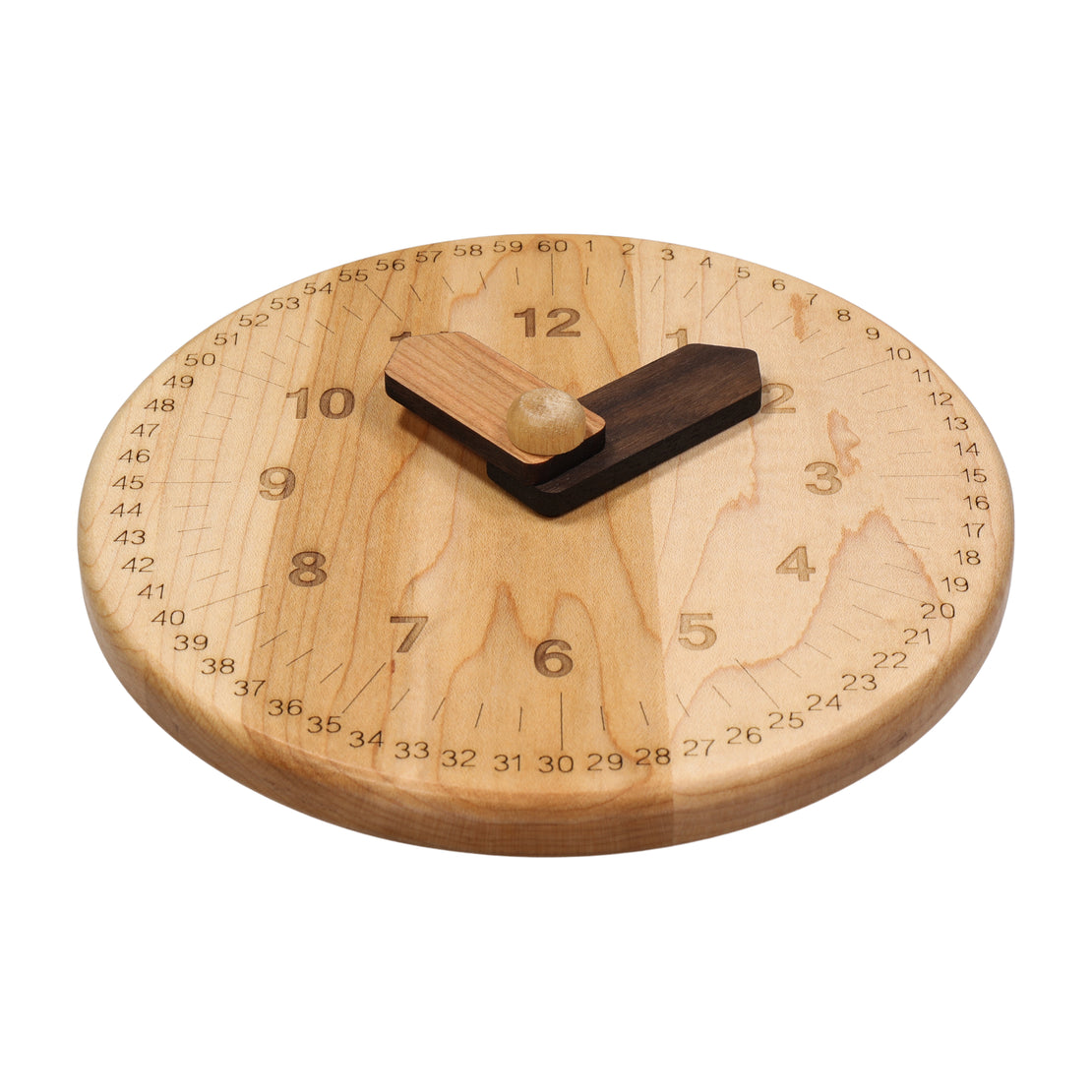 Wooden toy clock with minute and hour in different shades for easy learning