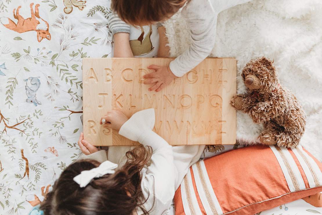 Alphabet tracing board with guided arrows, Regular print font, all natural wood, educational toys