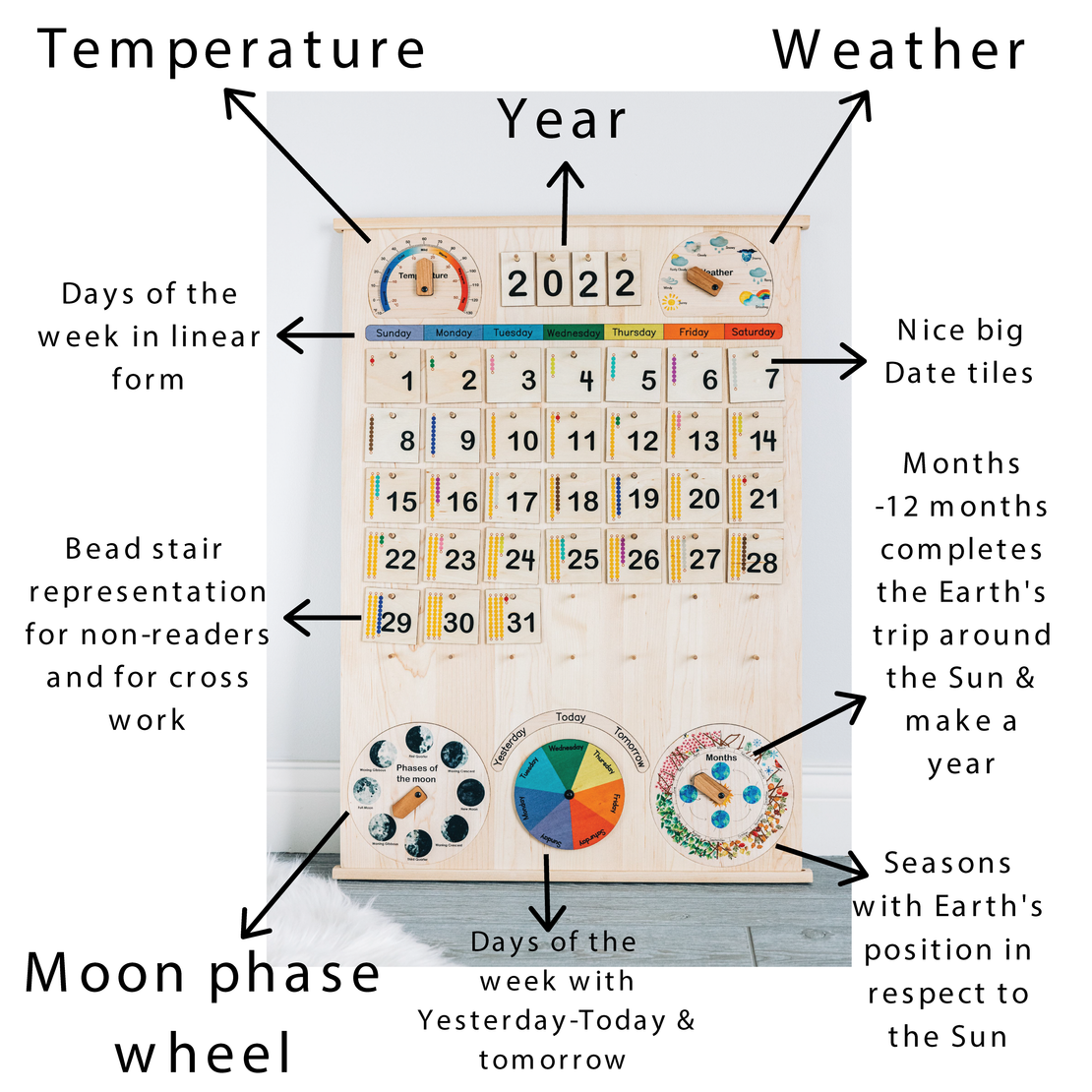 Classroom & School size Wooden perpetual calendar with seasons, moon phases, months, days and weather
