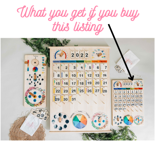 Expanded Wooden perpetual calendar with seasons, moon phases, months, days and weather