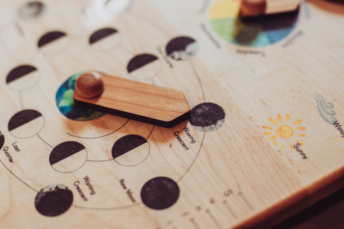 Wooden perpetual calendar with seasons, moon phases, months, days and weather