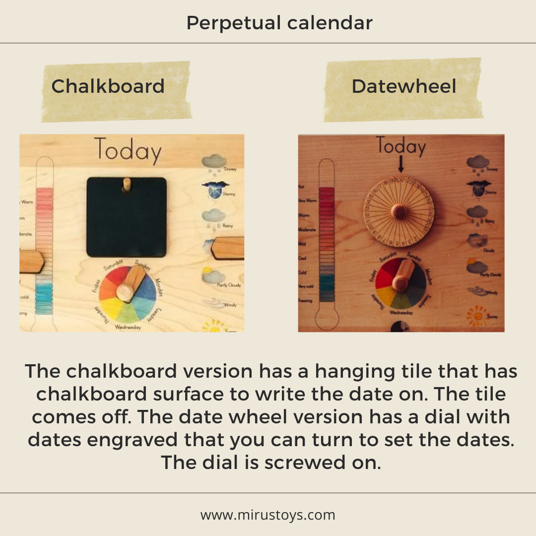 Wooden perpetual calendar with seasons, moon phases, months, days and weather