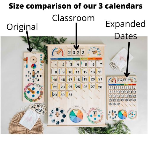 Expanded Wooden perpetual calendar with seasons, moon phases, months, days and weather