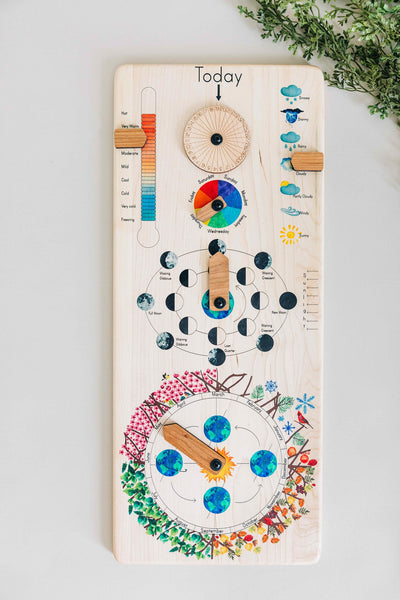 Wooden perpetual calendar with seasons, moon phases, months, days and weather