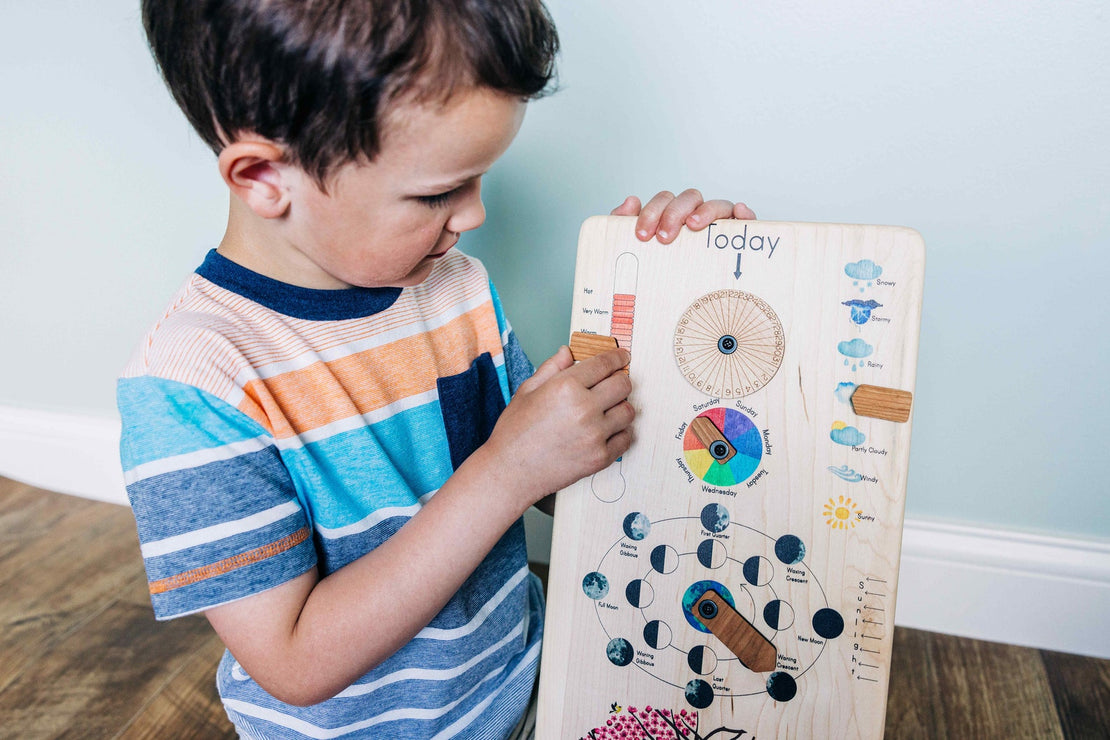 Wooden perpetual calendar with seasons, moon phases, months, days and weather