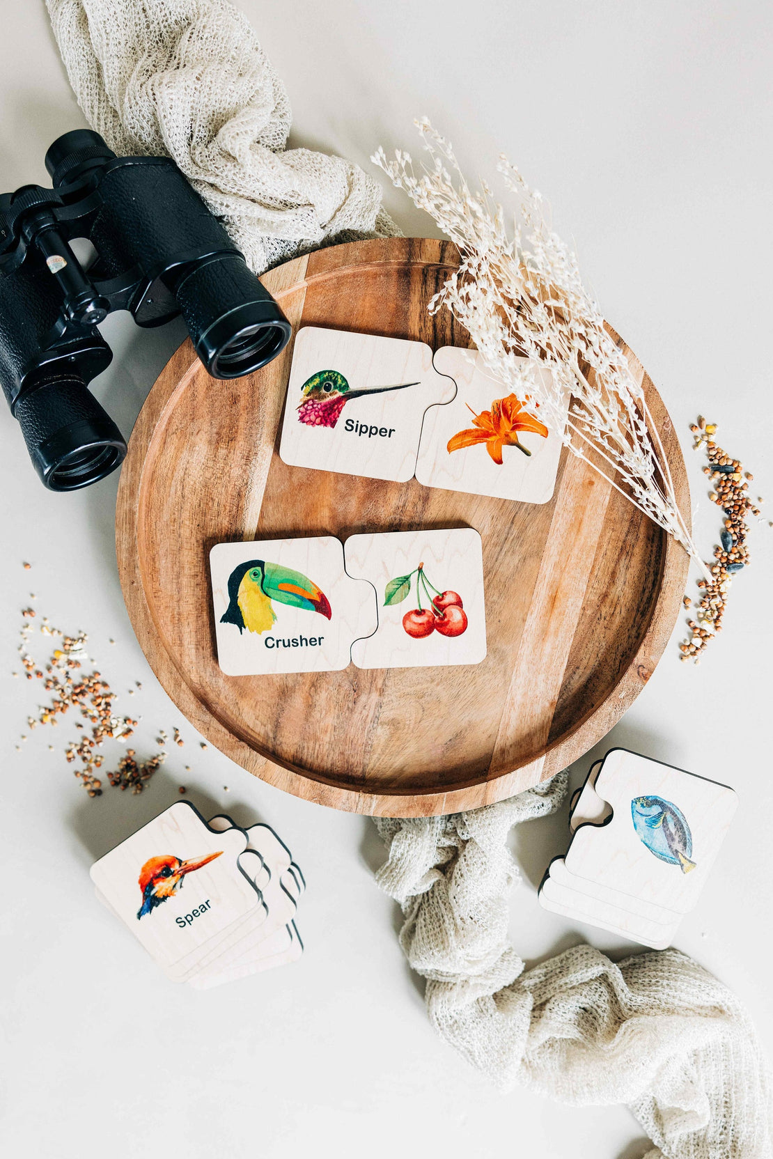 Double sided self-correcting bird beak adaptations puzzle, Montessori educational toys, bird lover puzzle