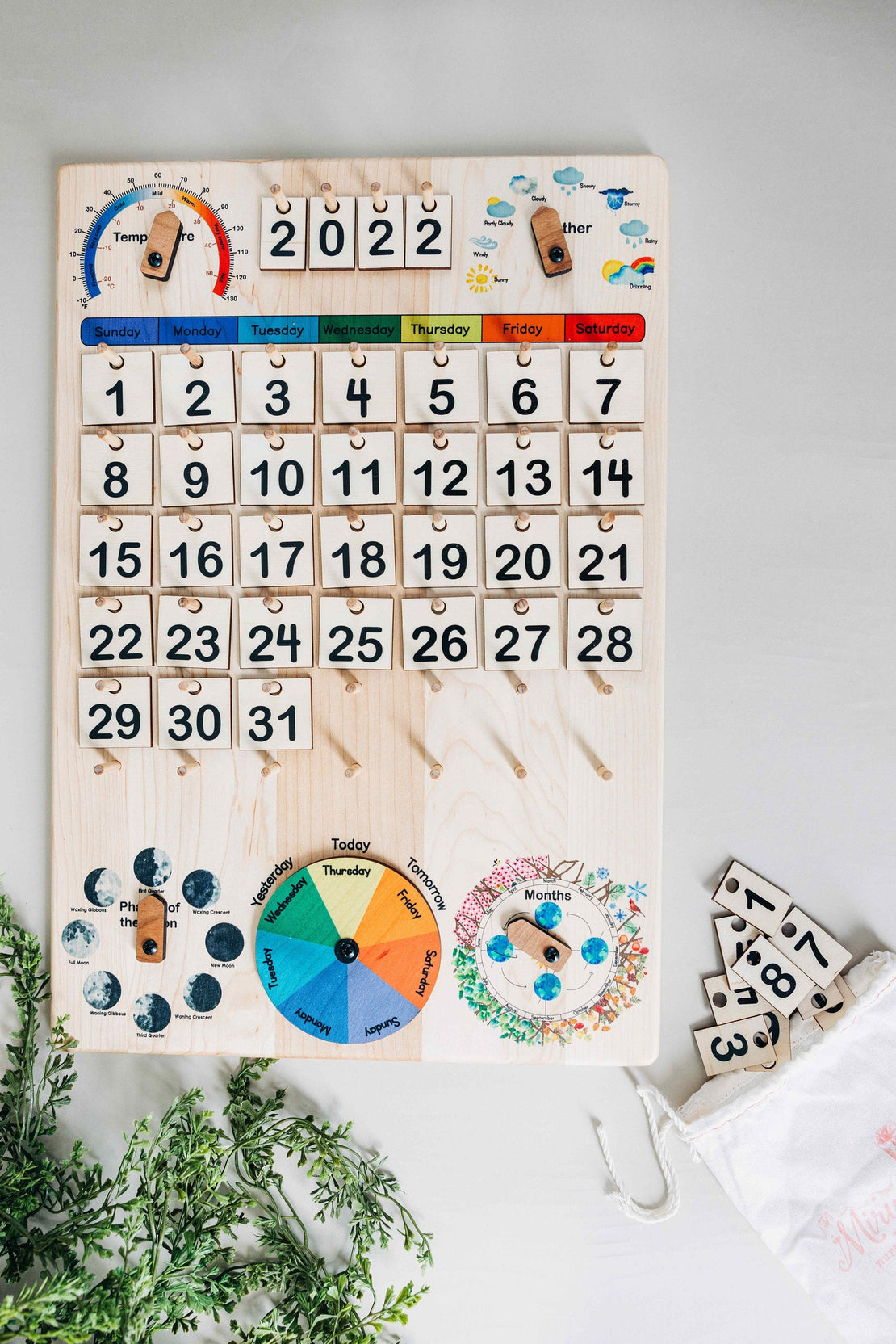 Expanded Wooden perpetual calendar with seasons, moon phases, months, days and weather