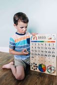 Expanded Wooden perpetual calendar with seasons, moon phases, months, days and weather