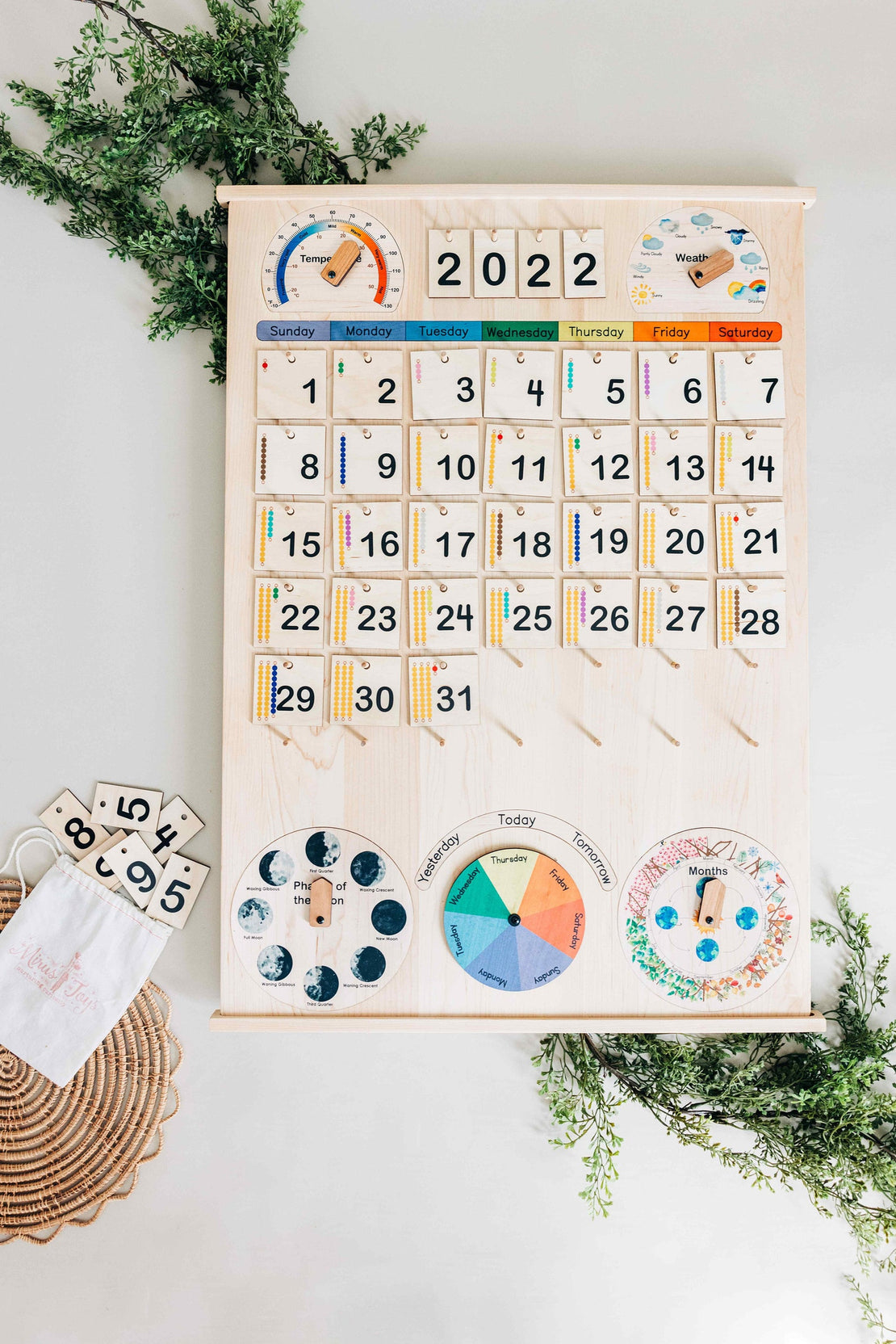 Classroom & School size Wooden perpetual calendar with seasons, moon phases, months, days and weather