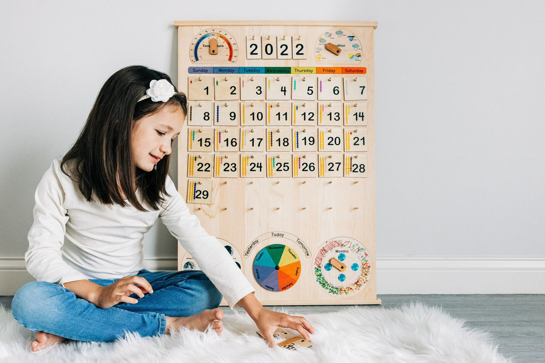 Classroom & School size Wooden perpetual calendar with seasons, moon phases, months, days and weather