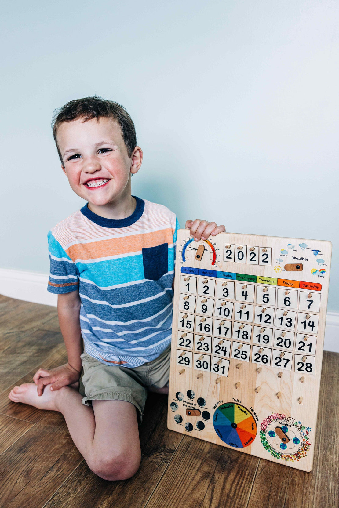 Expanded Wooden perpetual calendar with seasons, moon phases, months, days and weather