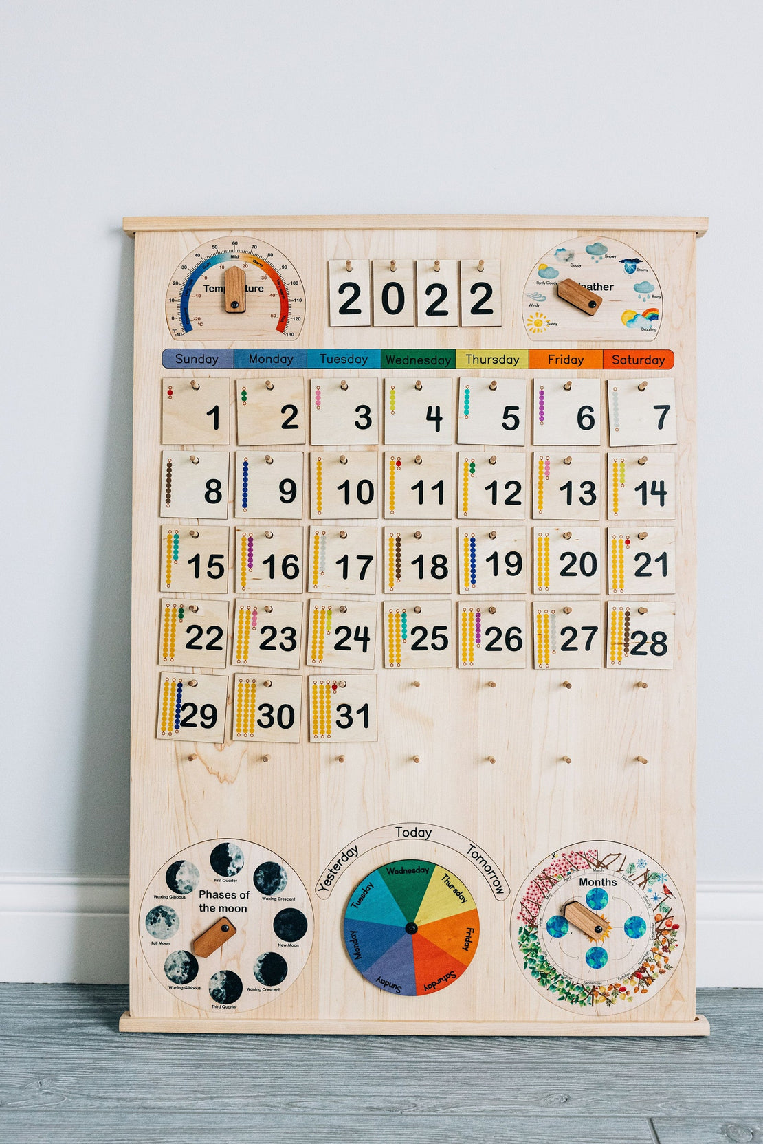 Classroom & School size Wooden perpetual calendar with seasons, moon phases, months, days and weather