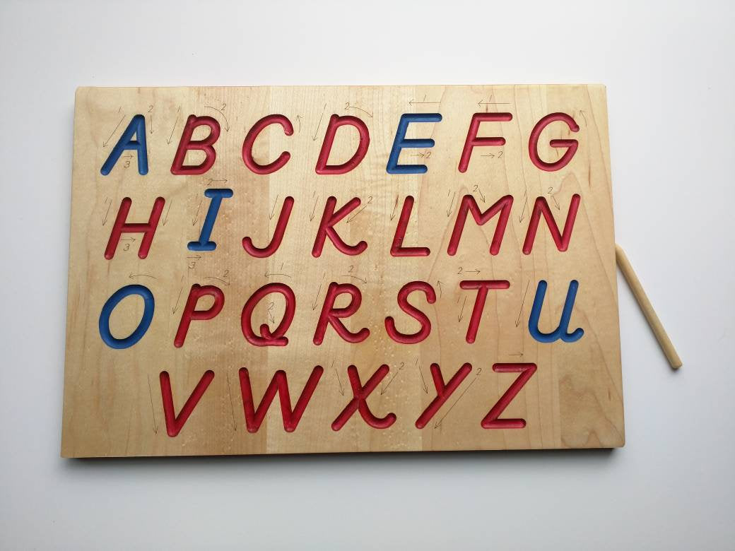 Alphabet Tracing board, Montessori colors, D'Nealian font with guided arrows, wood alphabet tracing board