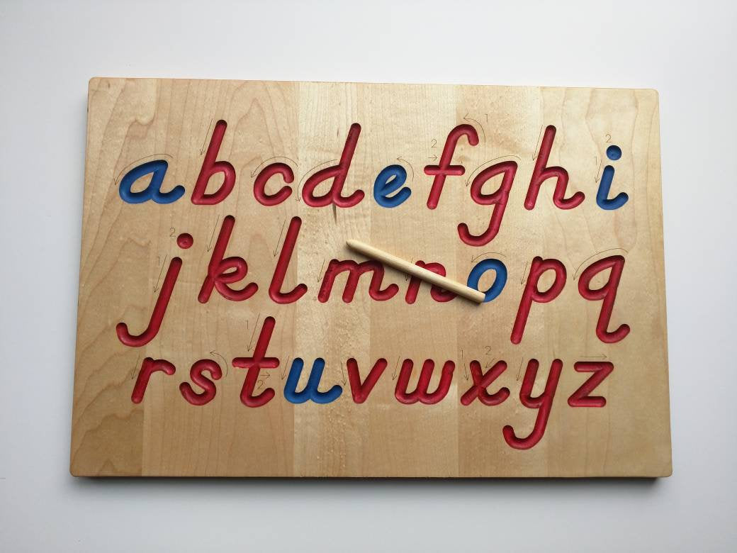 Alphabet Tracing board, Montessori colors, D'Nealian font with guided arrows, wood alphabet tracing board