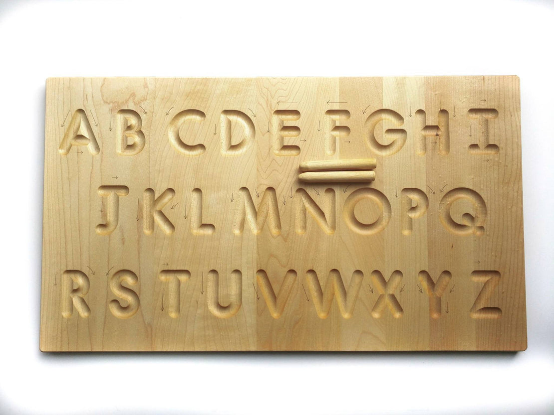 Alphabet tracing board with guided arrows, Regular print font, all natural wood, educational toys