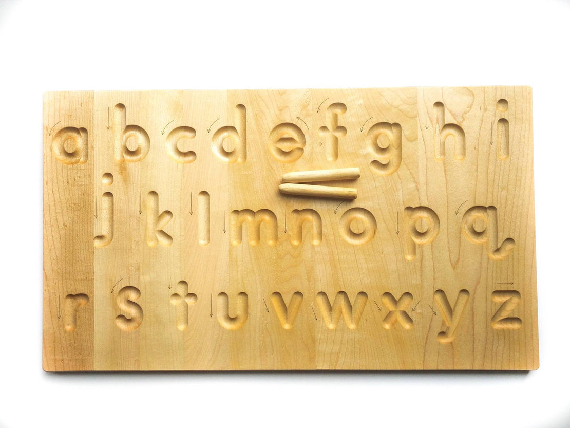 Alphabet tracing board with guided arrows, Regular print font, all natural wood, educational toys