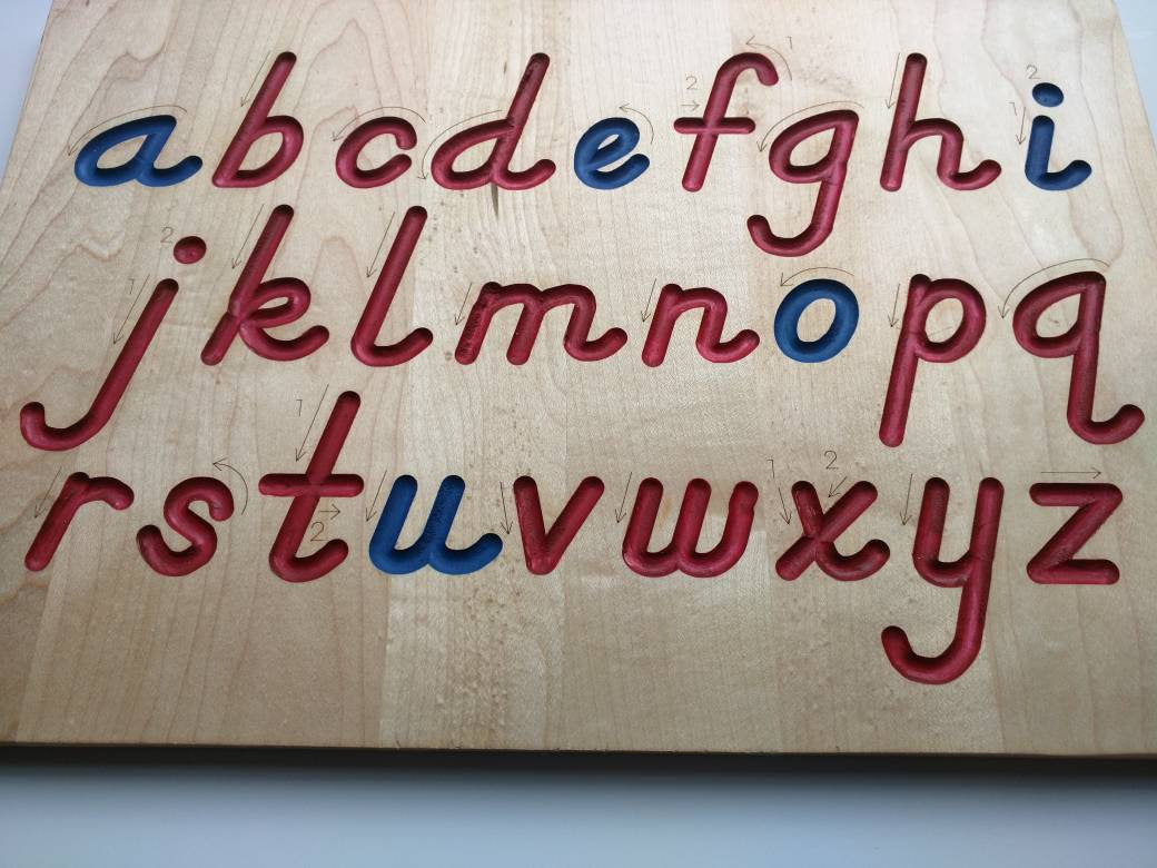 Alphabet Tracing board, Montessori colors, D'Nealian font with guided arrows, wood alphabet tracing board