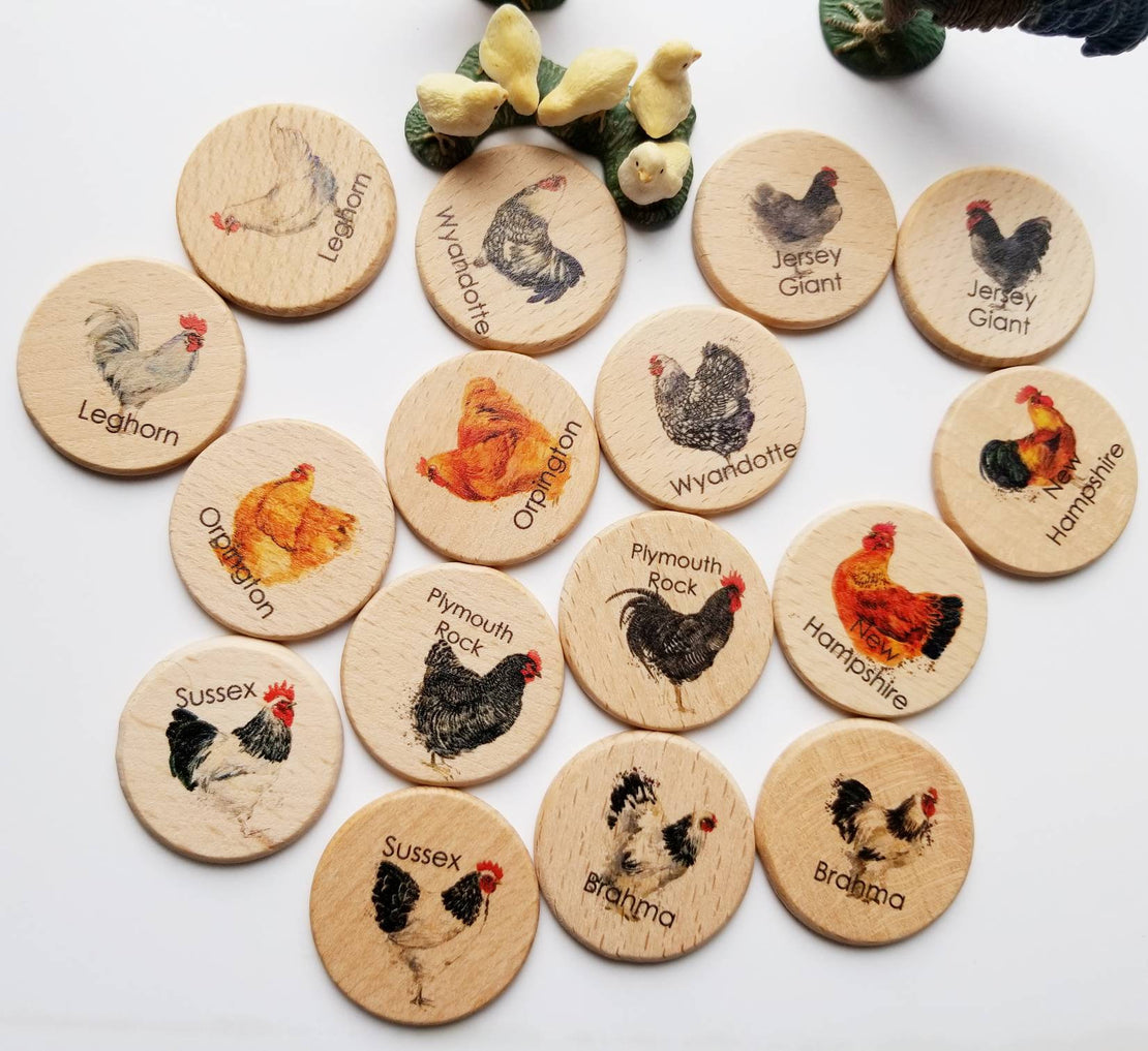 Wooden memory game - chicken breed hen rooster match