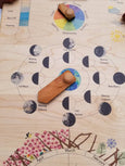 Wooden perpetual calendar with seasons, moon phases, months, days and weather