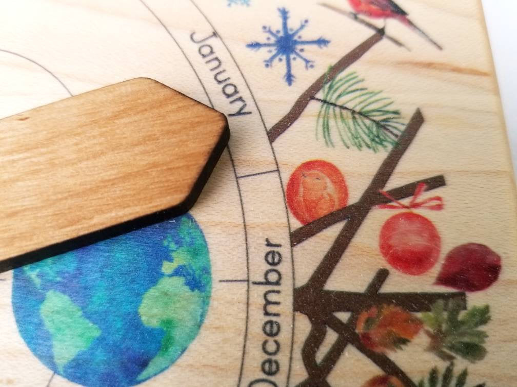 Wooden perpetual calendar with seasons, moon phases, months, days and weather