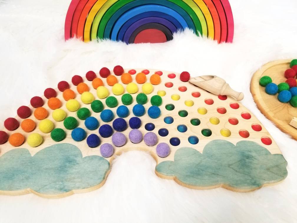 Color sorting toy - rainbow colors - color matching game - wooden rainbow - sorting tray - Montessori classroom