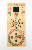 Wooden perpetual calendar with seasons, moon phases, months, days and weather