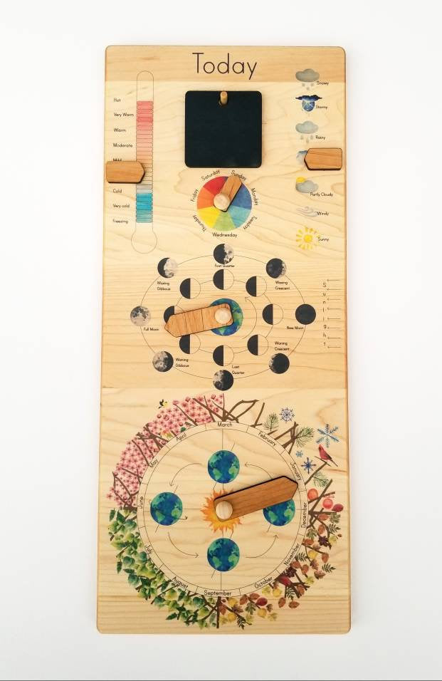 Wooden perpetual calendar with seasons, moon phases, months, days and weather