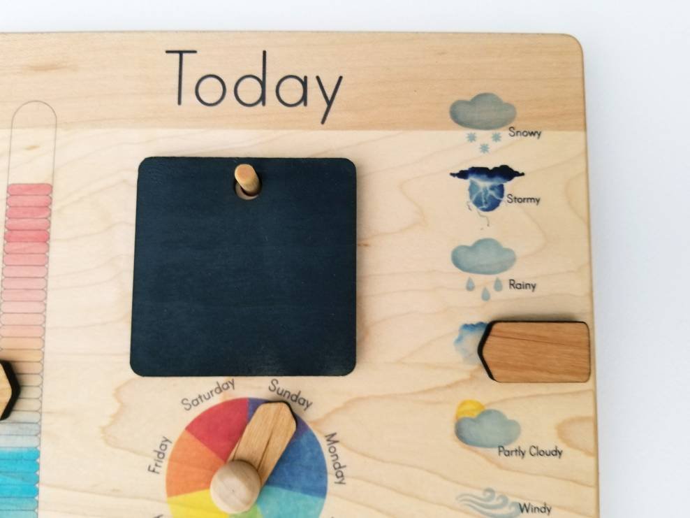 Wooden perpetual calendar with seasons, moon phases, months, days and weather