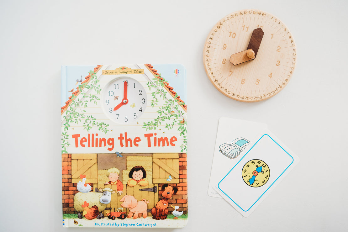 Wooden toy clock with minute and hour in different shades for easy learning