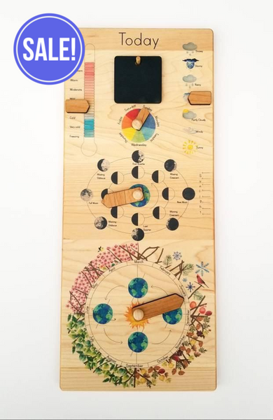 SECONDS/IMPERFECT Wooden perpetual calendar with seasons, moon phases, months, days and weather